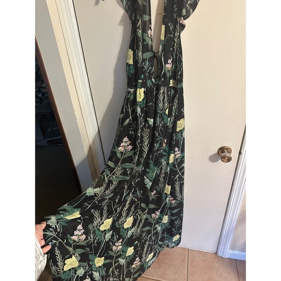 Lulus Floral Maxi‎ Dress Black Yellow Pink Botanical Print Ruffle Sleeve - Picture 16 of 17